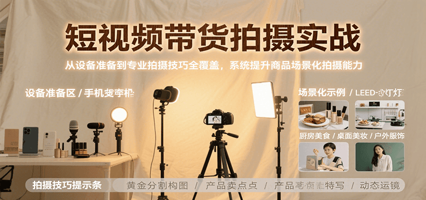 短视频带货拍摄实战，从设备准备到专业拍摄技巧全覆盖，系统提升商品场景化拍摄能力-米壳知道—知识分享平台