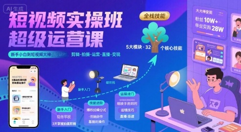 短视频实操班超级运营课，新手小白到短视频大神必修课程，剪辑-拍摄-运营-直播-变现-米壳知道—知识分享平台