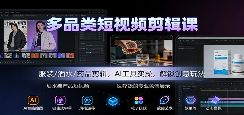 多品类短视频剪辑课：服装/酒水/药品剪辑，AI工具实操，解锁创意玩法-米壳知道—知识分享平台