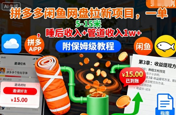 拼多多闲鱼网盘拉新项目,一单5-15米,睡后收入+管道收入1w+(附保姆级教程)-米壳知道—知识分享平台