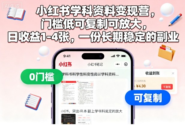 小红书学科资料变现营,门槛低可复制可放大,日收益1-4张,一份长期稳定的副业-米壳知道—知识分享平台